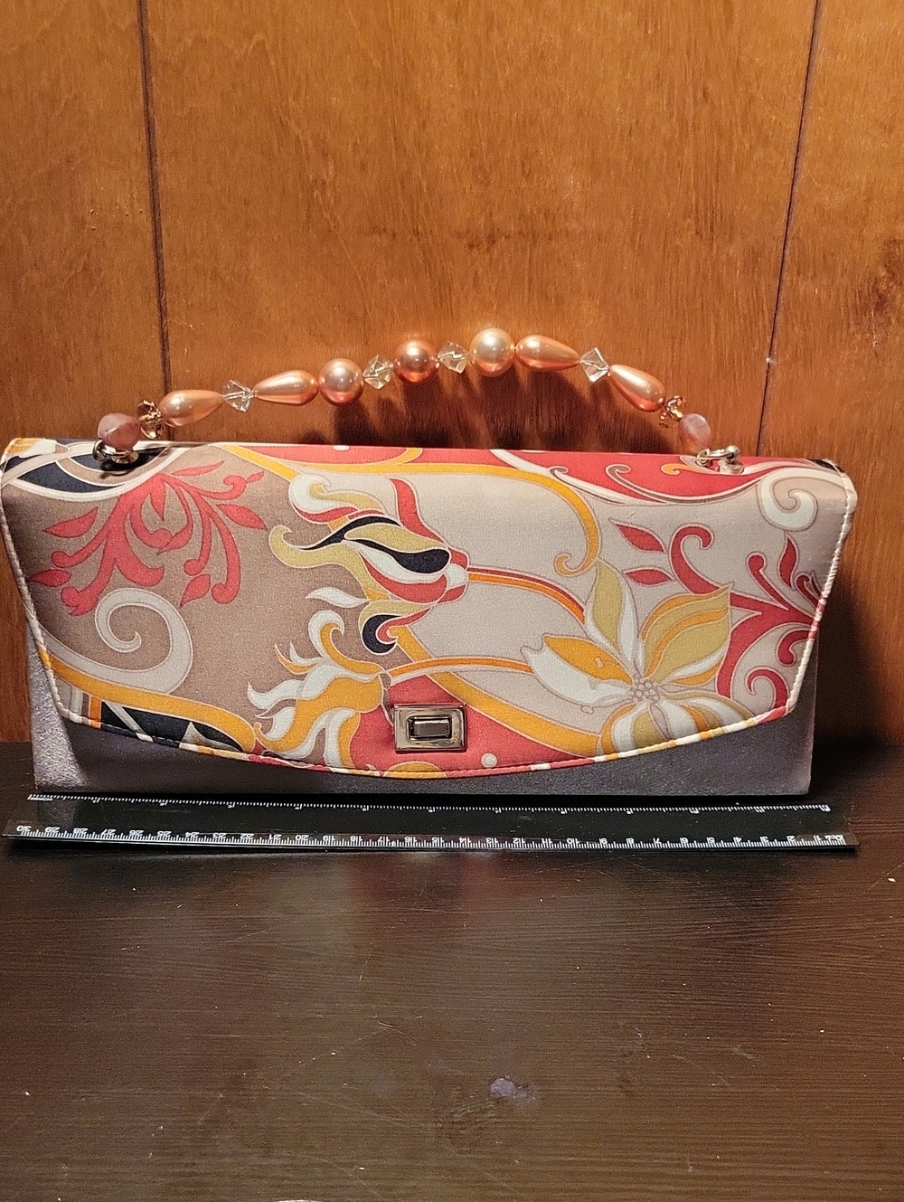 Liz Soto Floral Satin Beaded-Handle Clutch in Peach Multi